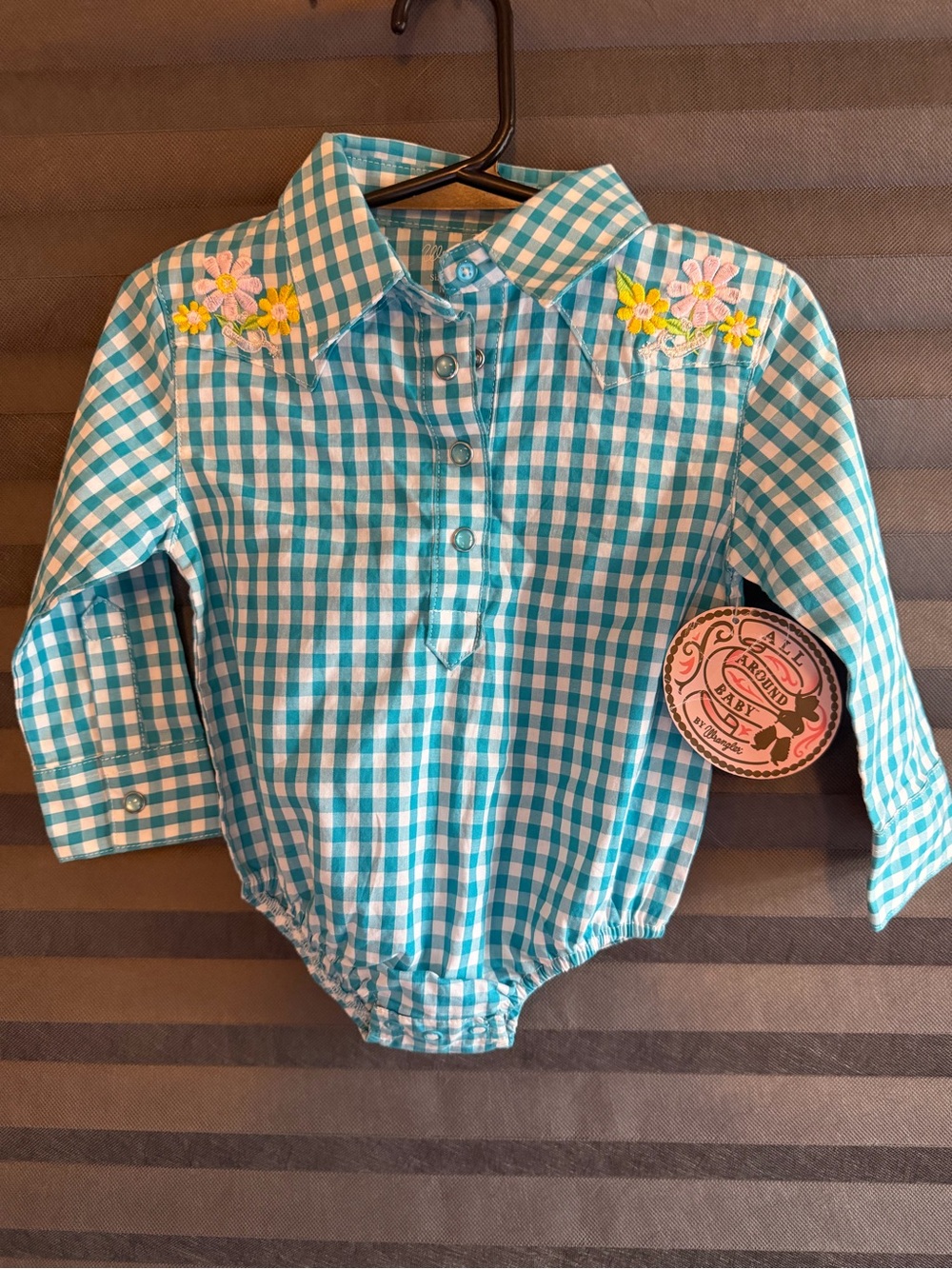 Wrangler Teal and White Gingham Button-Up Baby Onesie